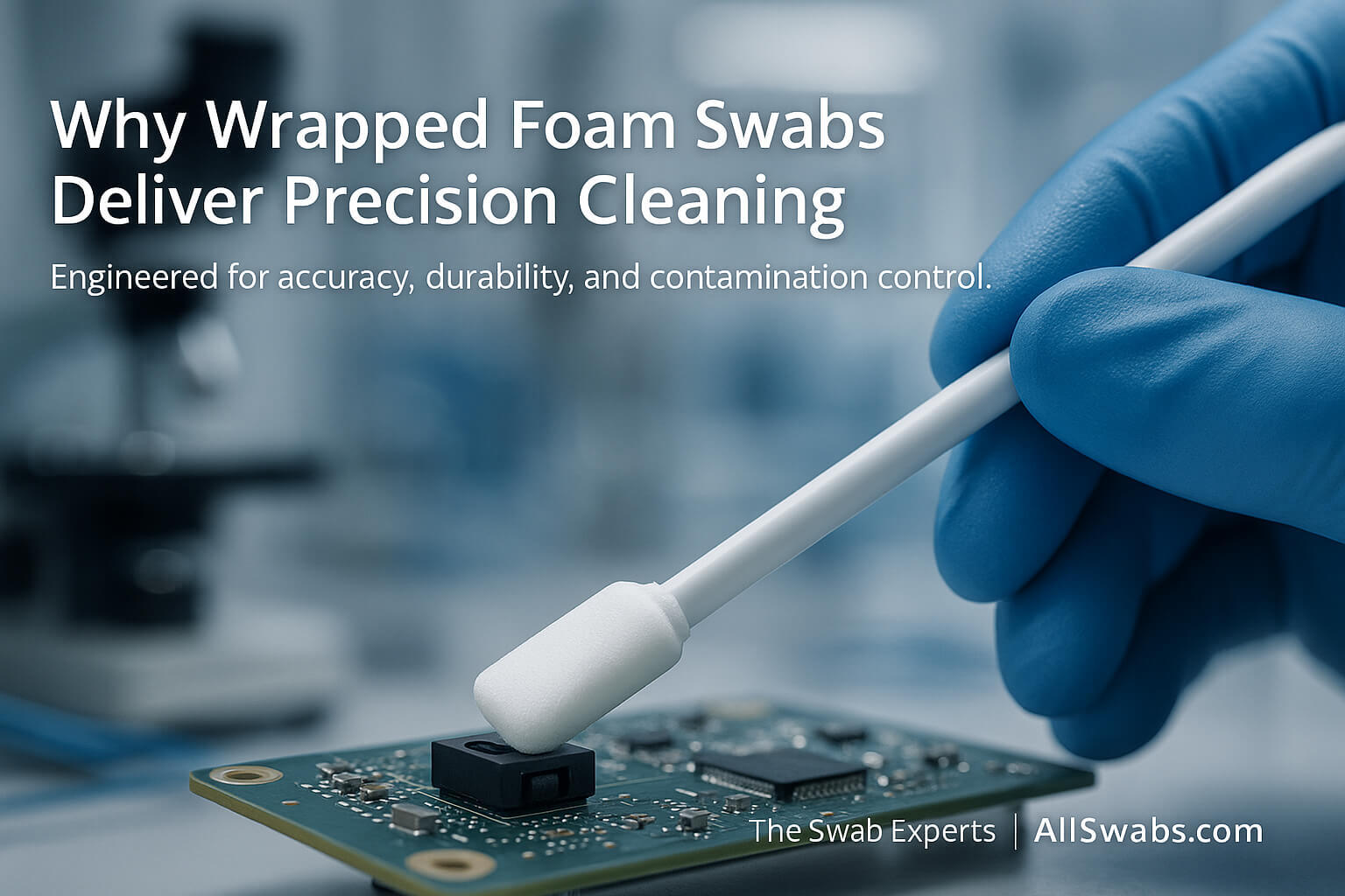 Technician cleaning sensitive component with wrapped foam swab in a cleanroom, showcasing precision cleaning — The Swab Experts | AllSwabs.com.
