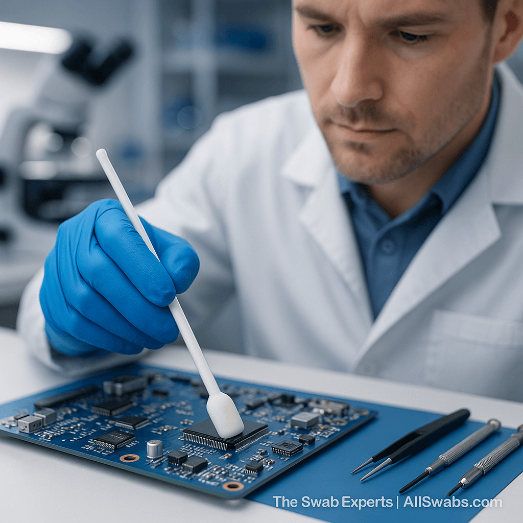 Technician cleaning electronics with foam-tipped industrial swab