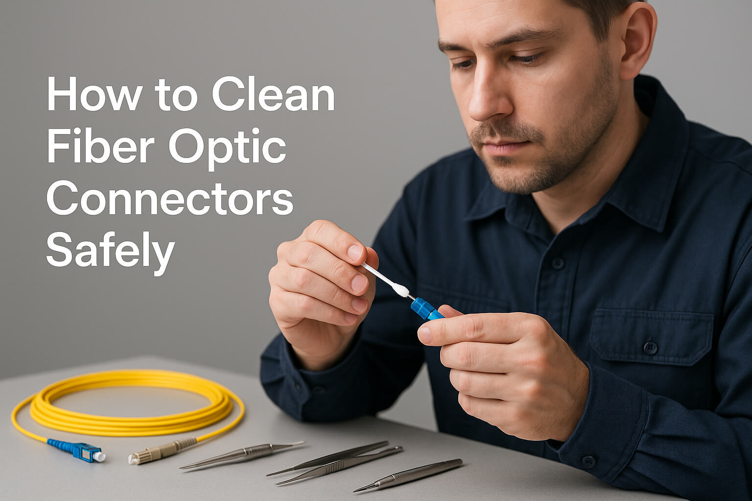 Technician cleaning fiber optic connector with lint-free foam swab